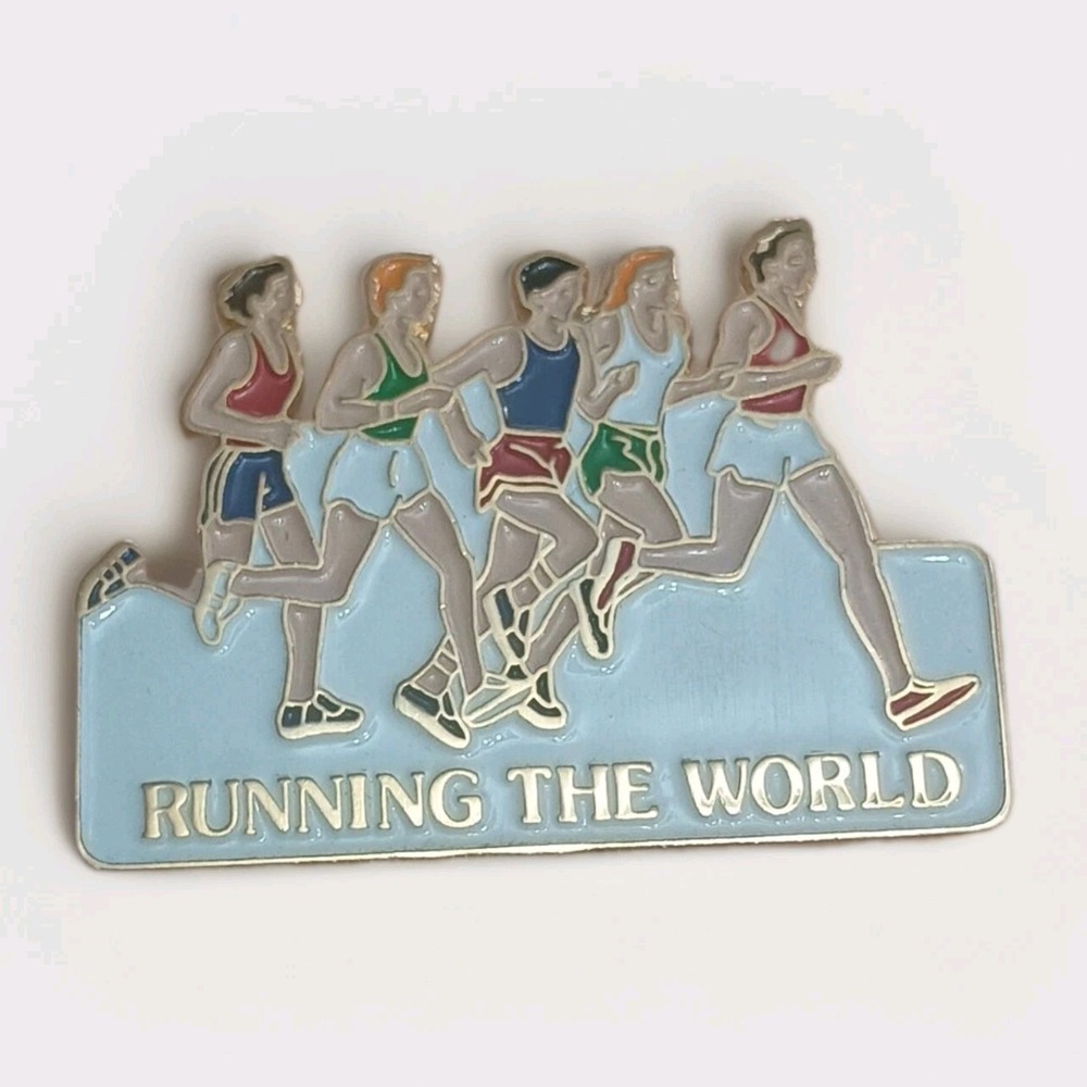 Vintage Running the World Enamel Lapel Pin Multicolor Runners Fitness Gift NOS
